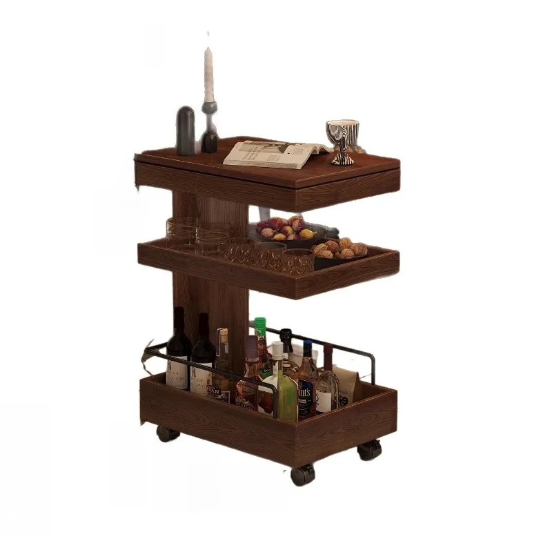 Medieval Solid Wood Edge Table Removable Coffee Table Dining Side Trolley Living Room Shelf Household Wheeled Bedside Table