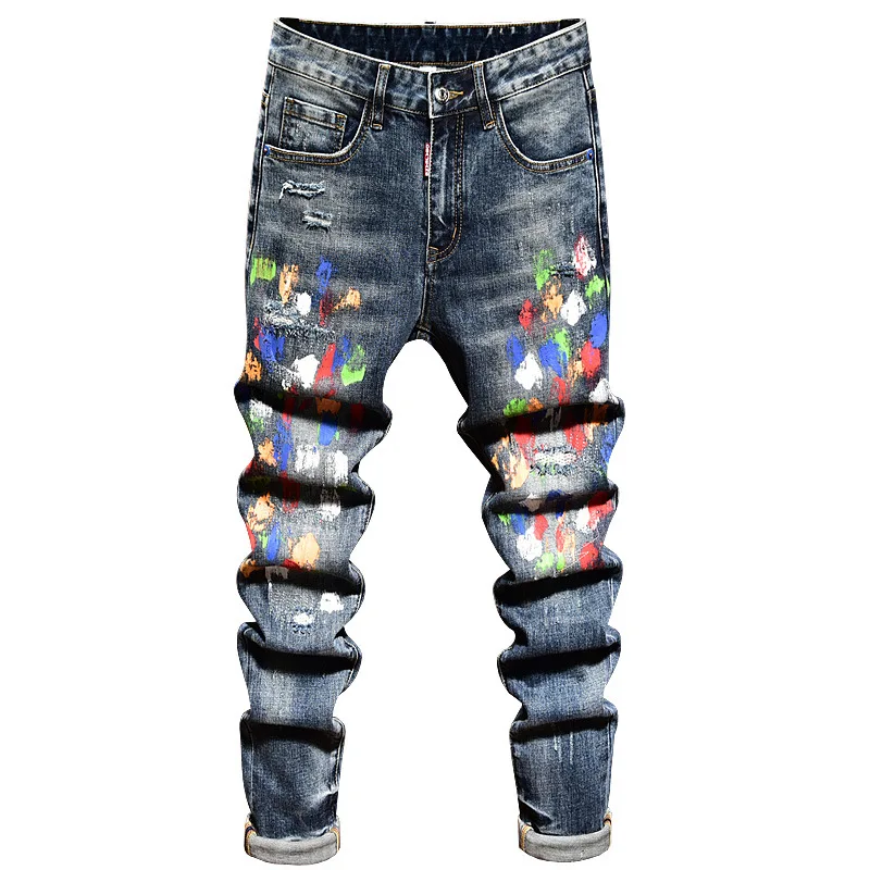 Paint printed design jeans for men, spring and autumn styles, ripped hole trend, slim fit, small foot fashion pants