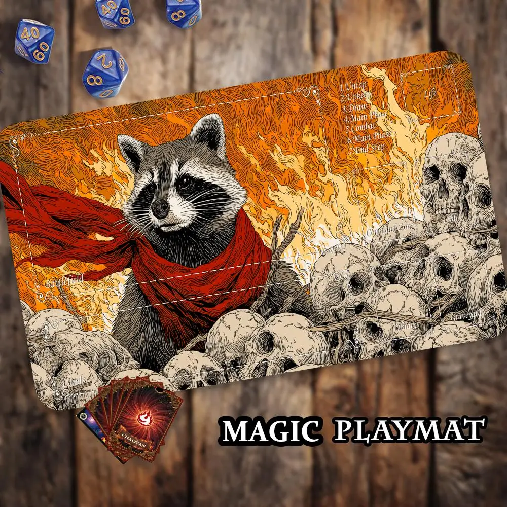 Red Scarf Raccoon TCG Playmat Magic Card Battle Mat Non-Slip Durable 35X60CM Commander playmat Board Game Mat for TCG Card Pad