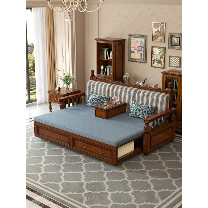 أريكة سرير خشبية صلبة ريفية كلاسيكية أمريكية قابلة للطي سرير أرهات مزدوج شقة صغيرة قابلة للسحب للجلوس والاستلقاء مزدوجة P