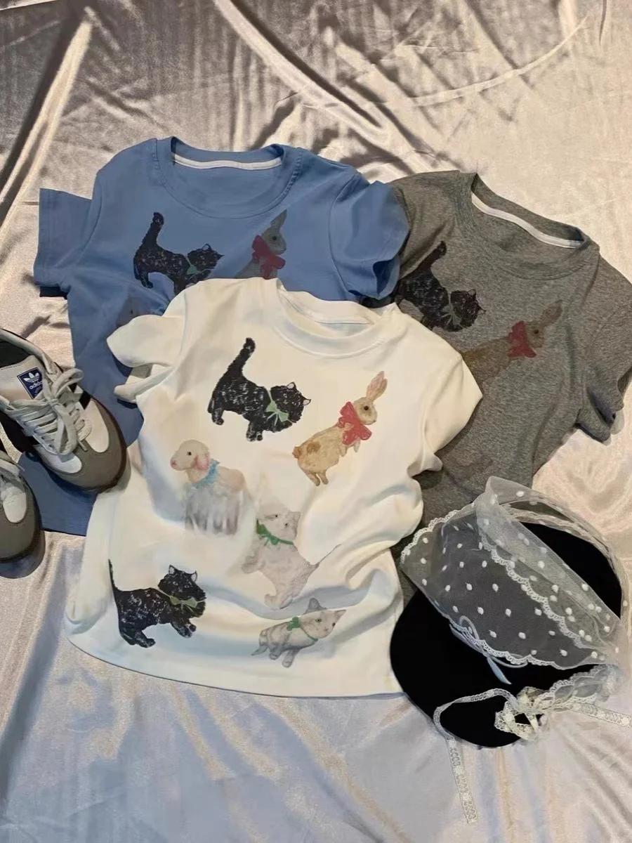 

Loose ort Sve round Ne Cartoon Print T-irt Women's Spring Summer New Sle Korean Sle Commute Faion