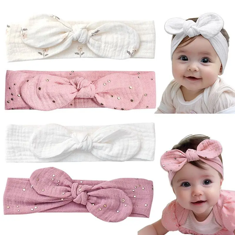 3/4/5pc Gold Stamp Top Knotted Headband Baby Girls Muslin Cotton Bunny Ear Turban Floral Prints Bow Elastic Hairband for Kids