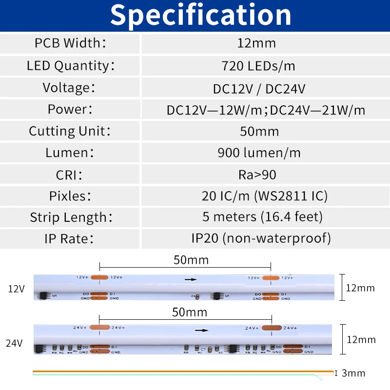 SPI COB RGBIC LED Strip Light Pixel WS2811 Addressable 720LEDs Dream Color WS2812B Flexible Dimmable FOB Lights RA90 DC12V 24V