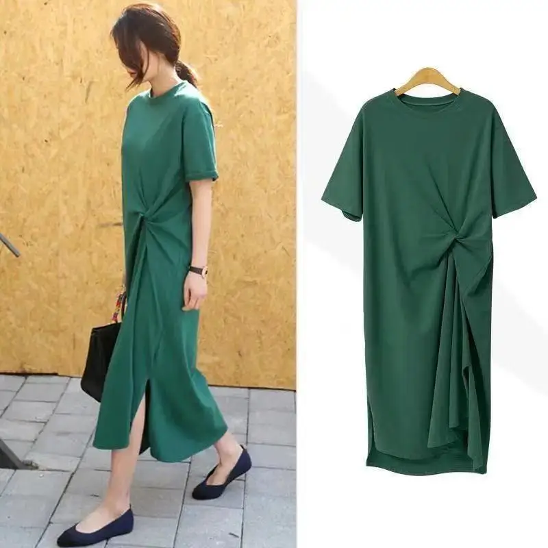 

Slim Elegant French Slit Long Dresses Women Clothing Plus Size Long T-shirt Summer Fold Waisted Dress Casual Streetwear 4XL 3XL