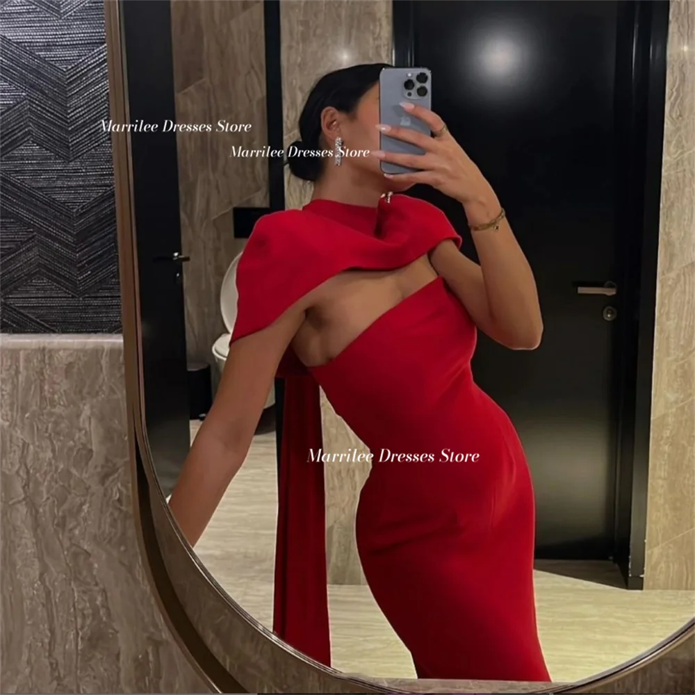 

Marrilee Sexy Red Mermaid Cape Strapless Stain Evening Dress Charming Ankle Length O-Neck Elegant Prom Gowns Saudi Arabia فساتين