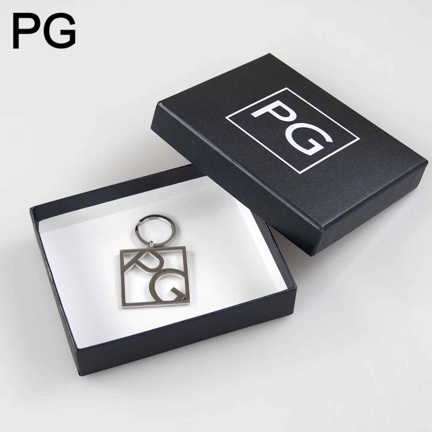 PG Classic Square Hollow Metal Monogram Keychain Premium Split Ring Holiday Business Gift Accessory
