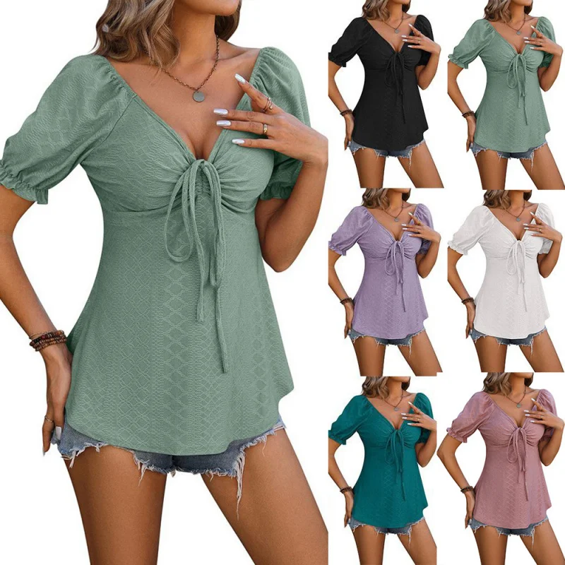 

2024Spring and Summer New Women's ClothingVCollar Drawstring Waist Sexy Short Sleeve Solid ColorTT-shirt