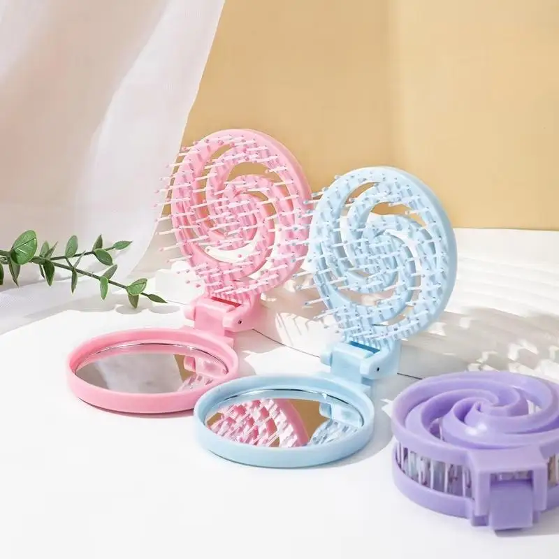 【B】2 In 1 Foldable Comb With Makeup Mirror Mini Portable Scalp Massage Comb For Travel Easy To Carry Great Gifts