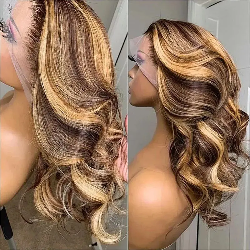 

Wigs on clearance sale Brown with Honey Blonde Highlights Loose WAvy Synthetic Lace Wigs for Women Glueless 13x4 HD Lace Wigs