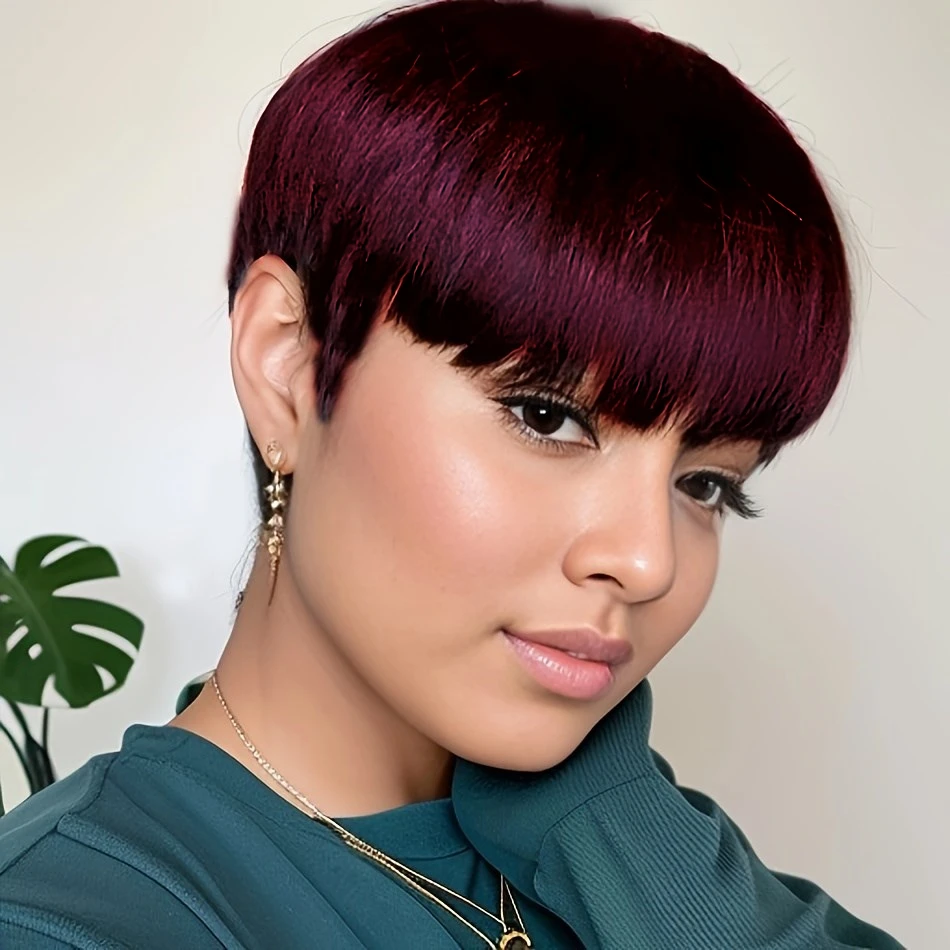 pixie straight human hair wig 150% density wig machine made remy wig for women 6inch