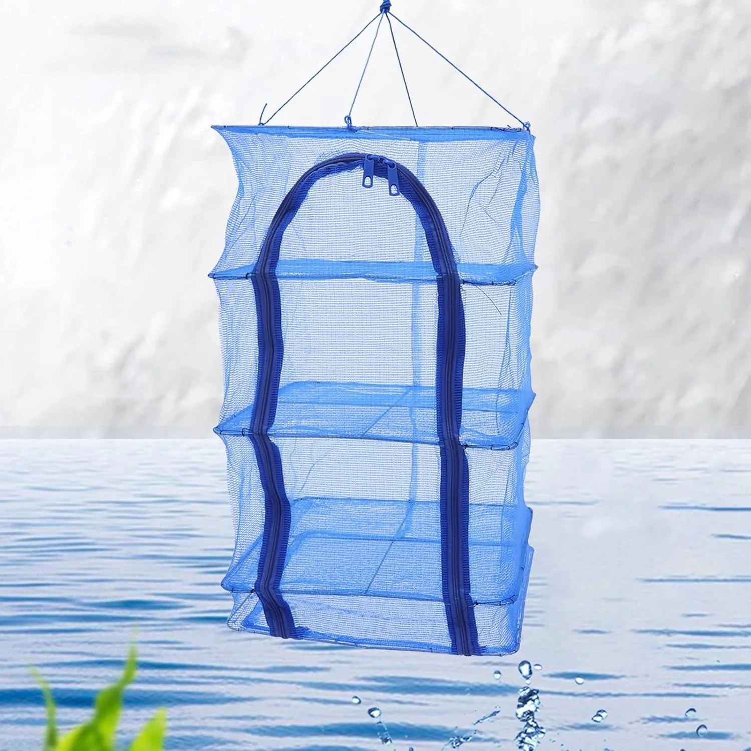 4-lagiges blaues hängendes Trockennetz, zusammenklappbares Netz, Trockner, Obst, Gemüse, Kräuternetz, Garnelen, zusammenklappbares Trockennetz mit doppelten Reißverschlüssen