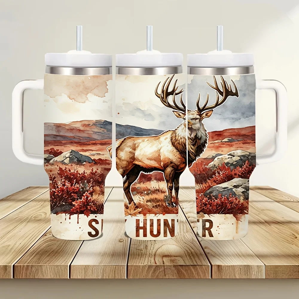 40Oz Insulated Tumbler with Handle, Vintage Watercolor Elk for hunter Print, Large Capacity Keeps Drinks Hot Or Cold, Suitable for Hunters And Outdoor Enthusiasts, Great for Camping Hiking Daily Travel And Outdoor Activities