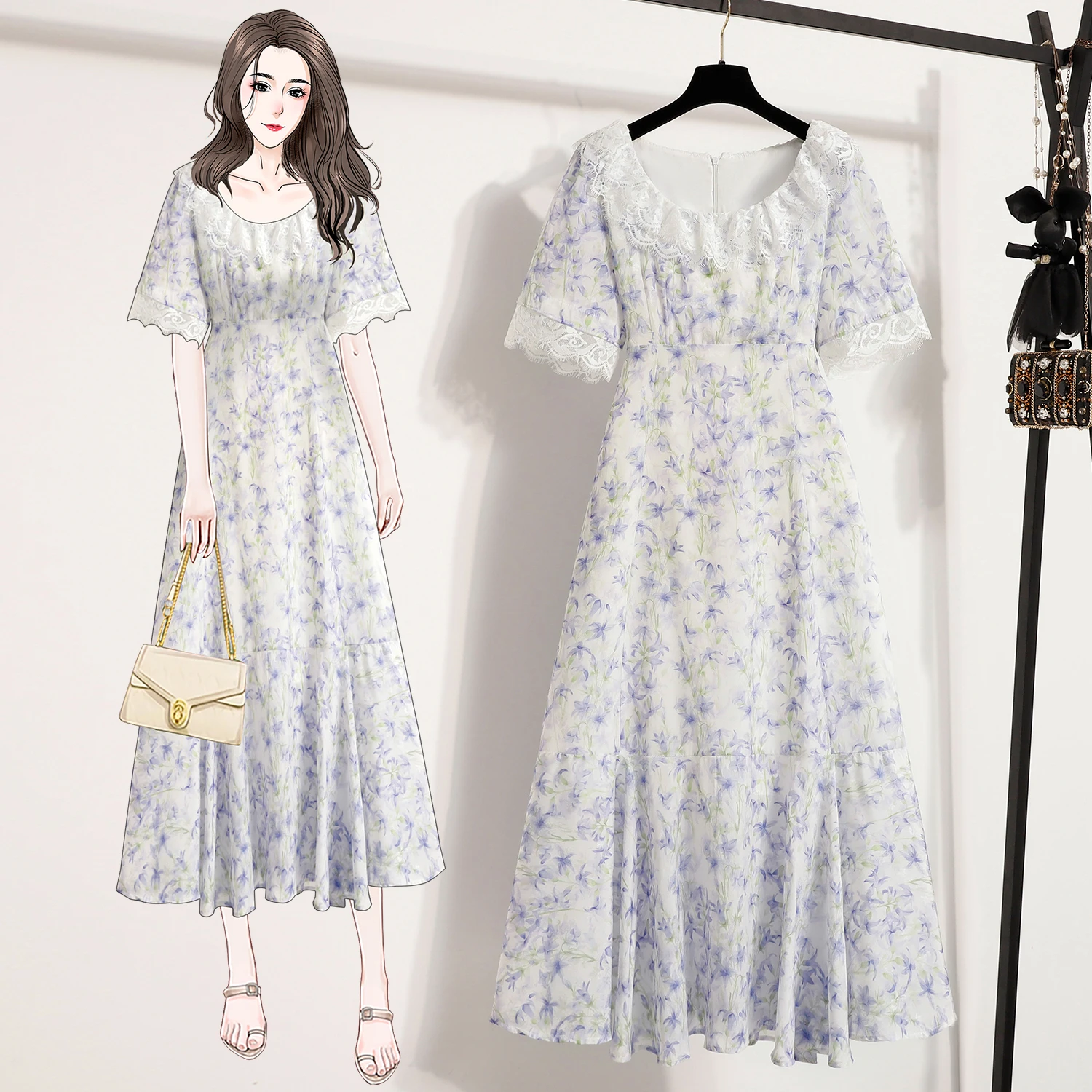 Letnia Elegancka Sukienka Damska Szyfonowa w Kwiaty Temperament Dekolt O-Neck Krótkie Rękawy Wysoki Stan Wyszczuplająca Długa Sukienka Codzienna Słodka Sukienka