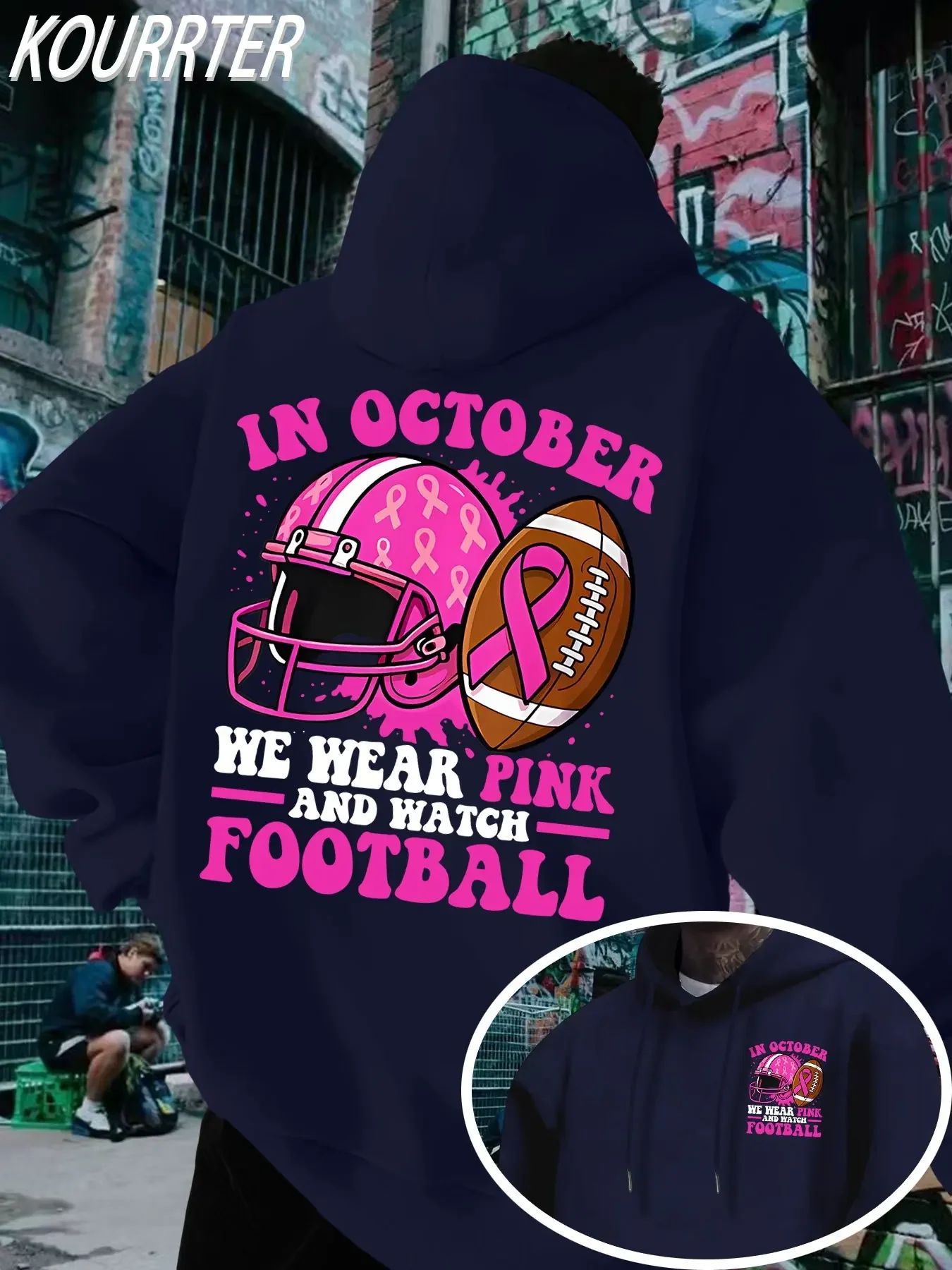 Unisex In October We Wear Pink And Watch Football Back Print Hoodie, Breast Cancer Awareness Loose Fleece Sweatshirt Autumn