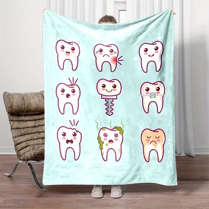 Cute Cartoon Teeth Pattern Throw Blanket Pink Background Smiling Tooth Print Soft Warm Office Decor Blanket for Dental Staff