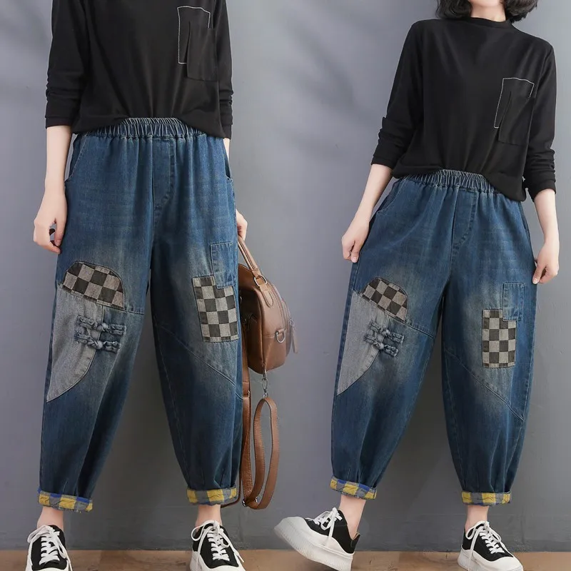 

2023 Spring Autumn New Arts Style Women Elastic Waist Patch Designs Vintage Loose Jeans Casual Cotton Denim Harem Pants P127