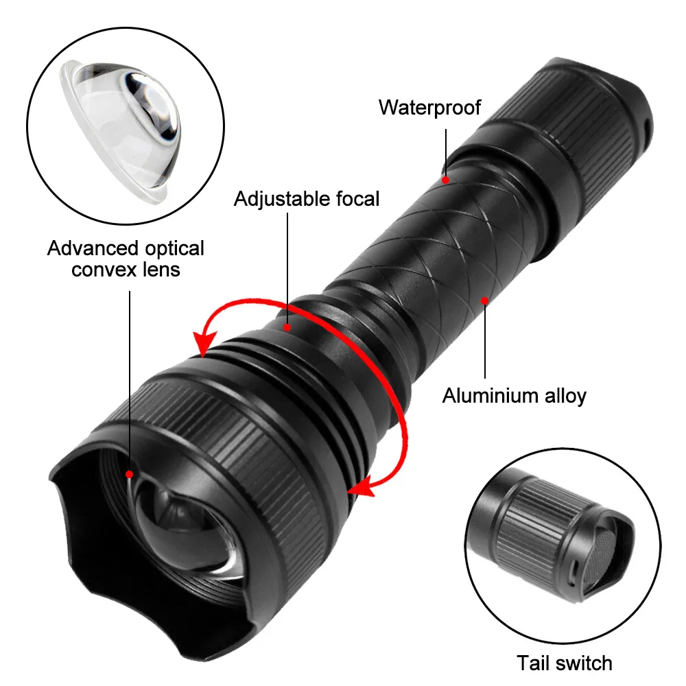 500 Yards Tactical R5 Red/Green LED Torch White Flashlight Adjust Focus USB Charging Lantern for Hunting Camping Hiking