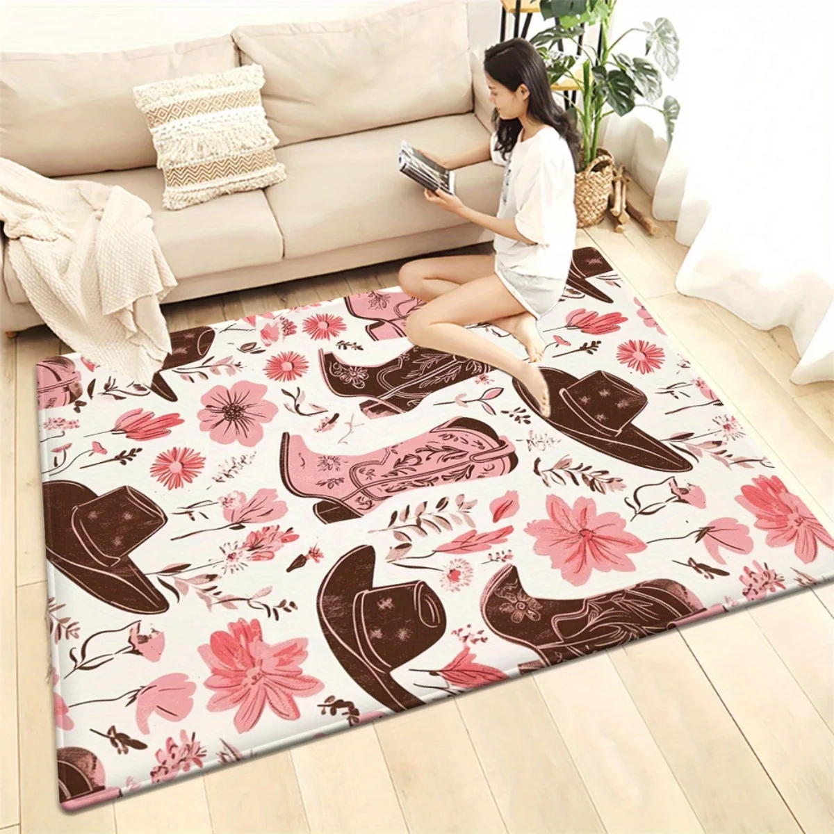 Boho Floral Cowboy Area Rug Western Southwest Decor Pink Boot Hat Pattern Living Room Throw Mat Accent Rug