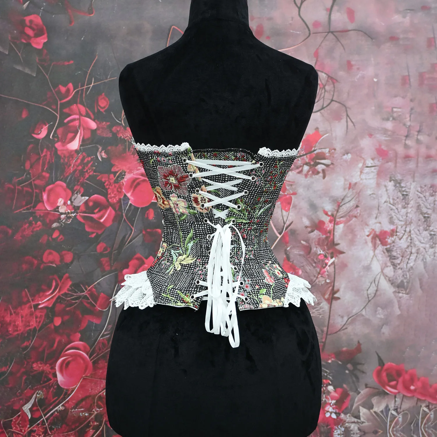Vintage Floral Lace Corset With Cup - Overbust Boned Bustier Top Ruffle Hem Lace-Up Back Gothic Cottagecore Party Lingerie