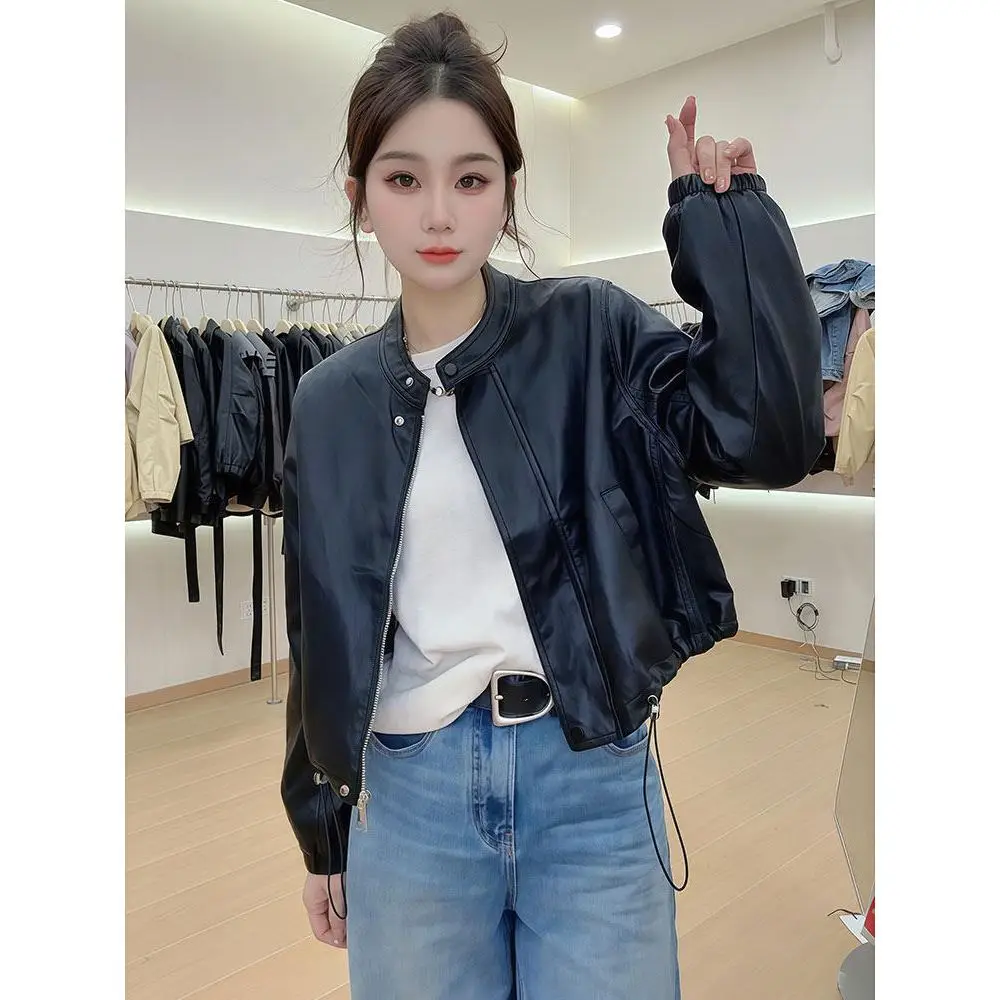 

High-Quality Leather Coat Women 2026 Spring Autumn New Korean Outwear Stand Collar PU Leather Jacket Female Tooling Overwear Top