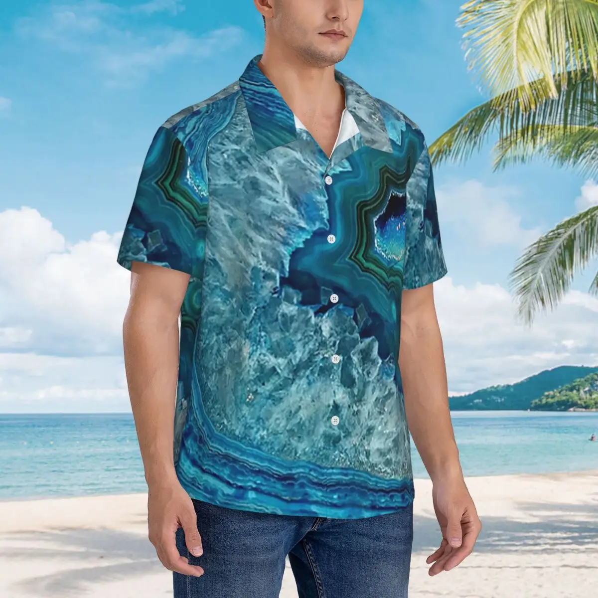 

Teal Aqua Turquoise Blue Rock Agate Mineral Crystals Pattern Hawaiian Shirts Men Short Sleeve Shirt for Summer Beach Men's Tops