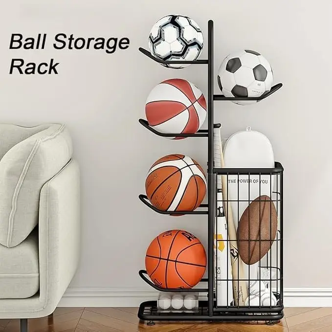 Étagère autoportante robuste avec panier de rangement supplémentaire. Il peut ranger en toute sécurité les ballons de basket standard, les ballons de football et les ballons de volley-ball. Pratique pour les garages, les écoles, les salles de sport et les clubs, pour un accès facile.