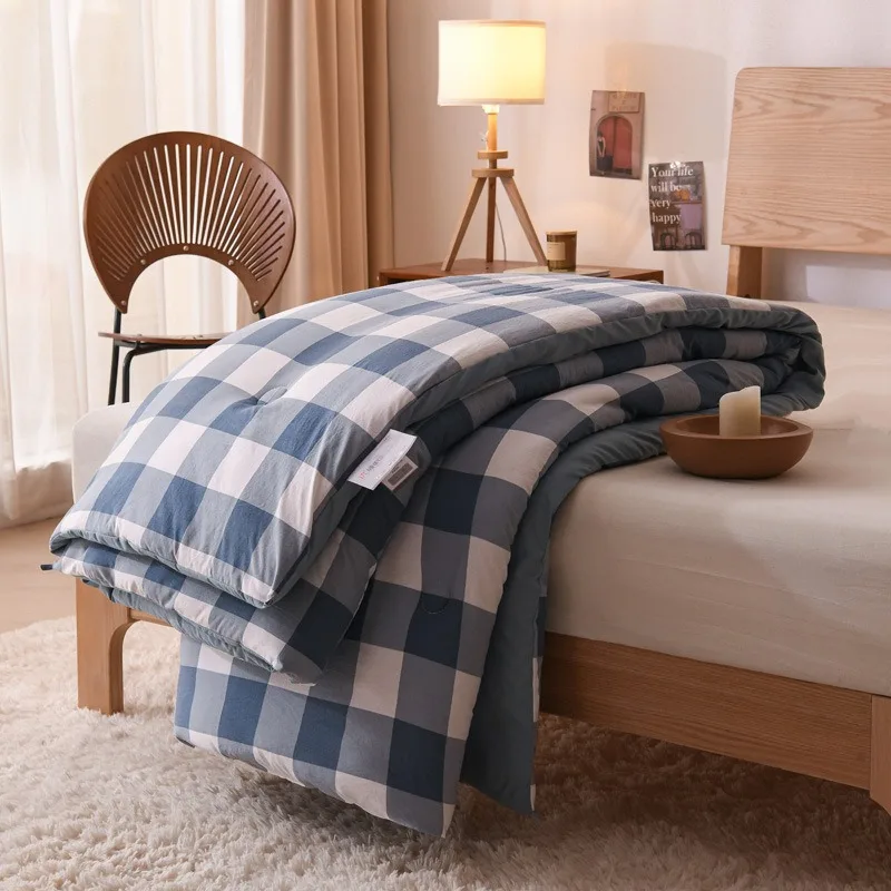 

Blue Buffalo Plaid Quilt Single Double Checkered Bedding Soft Microfiber Bedspread Lightweight Geometric Quilt