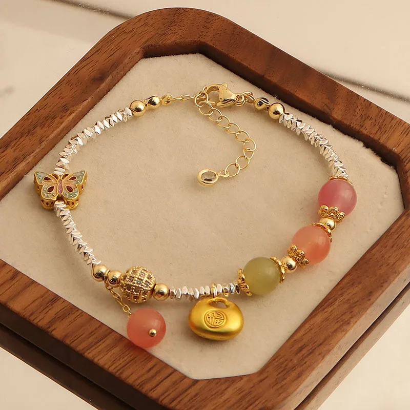 

Minar Delicate Natural Stone Crystal Beads CZ Zircon Ball Lock Butterfly Strand Bracelets for Women 14K Real Gold Plated Copper