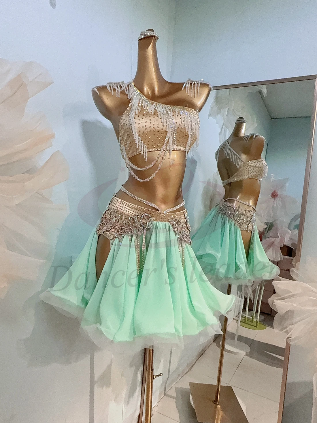 라틴 댄스 경연 대회 여성 하이 엔드 맞춤형 크리스탈 쥬얼리 스플릿 메쉬 스커트 삼바 퍼포먼스 워터 다이아몬드 드레스