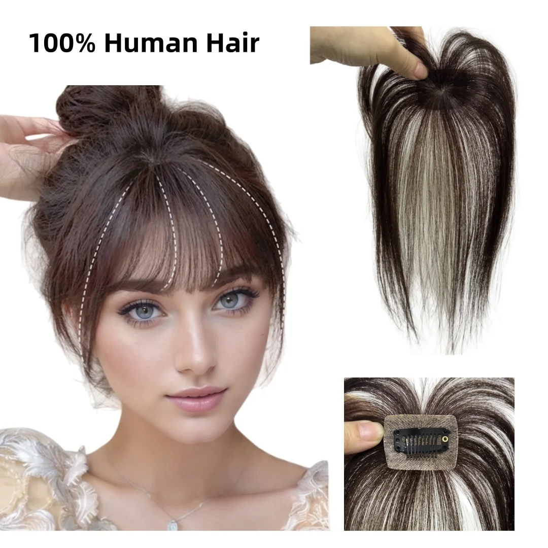 3D Full Coverage Human Hair Bangs Clips in Hairpieces for Women Wispy Bangs Hair Fringe Extensions for Thining Hair Daily Wear