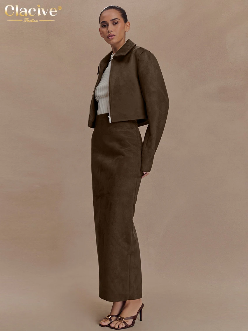 Clacive moda solta marrom 2 peças conjunto para mulher 2025 elegante camisa de manga longa com cintura alta saia longa conjunto roupas femininas