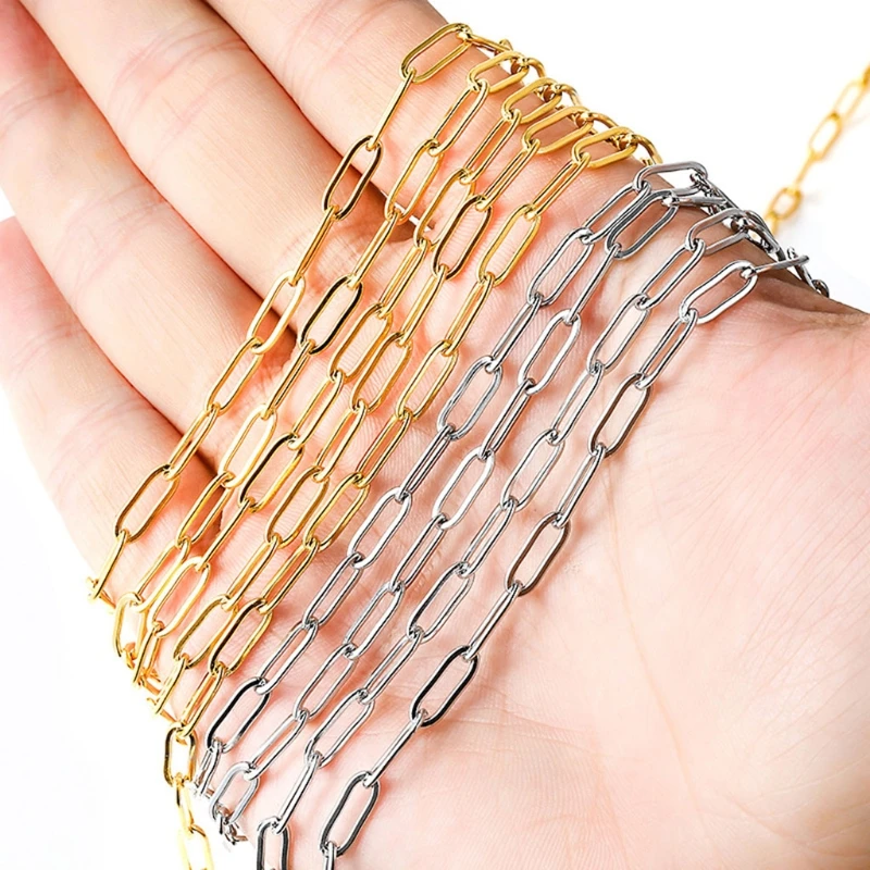 Women Girl for Titanium Stainless Steel Gold Paper Clip Link Chain Necklace