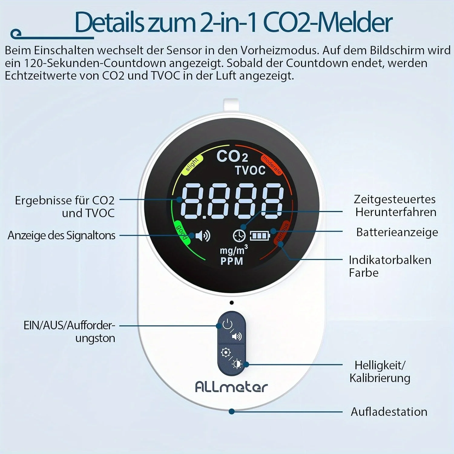 ALLmeter CO2 Melder Luftqualität Messgerät 2 in 1 Weiß Wiederaufladbar CO2 Messgerät mit LCD für Zuhause Büro Reisen Camping