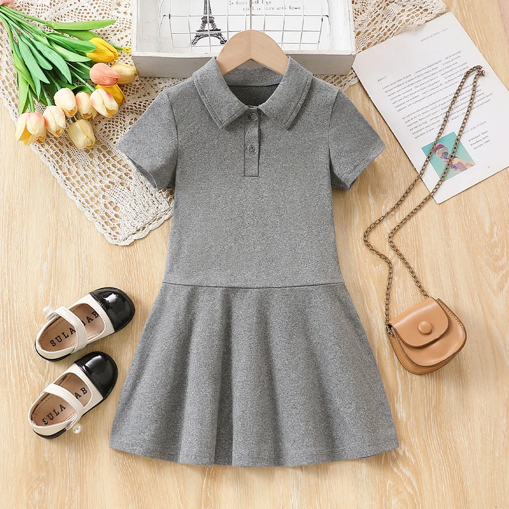 Toddler Girl Dress Summer Short Sleeves Gray Preppy Dress Uniform Pique Polo Dress for Little Girls