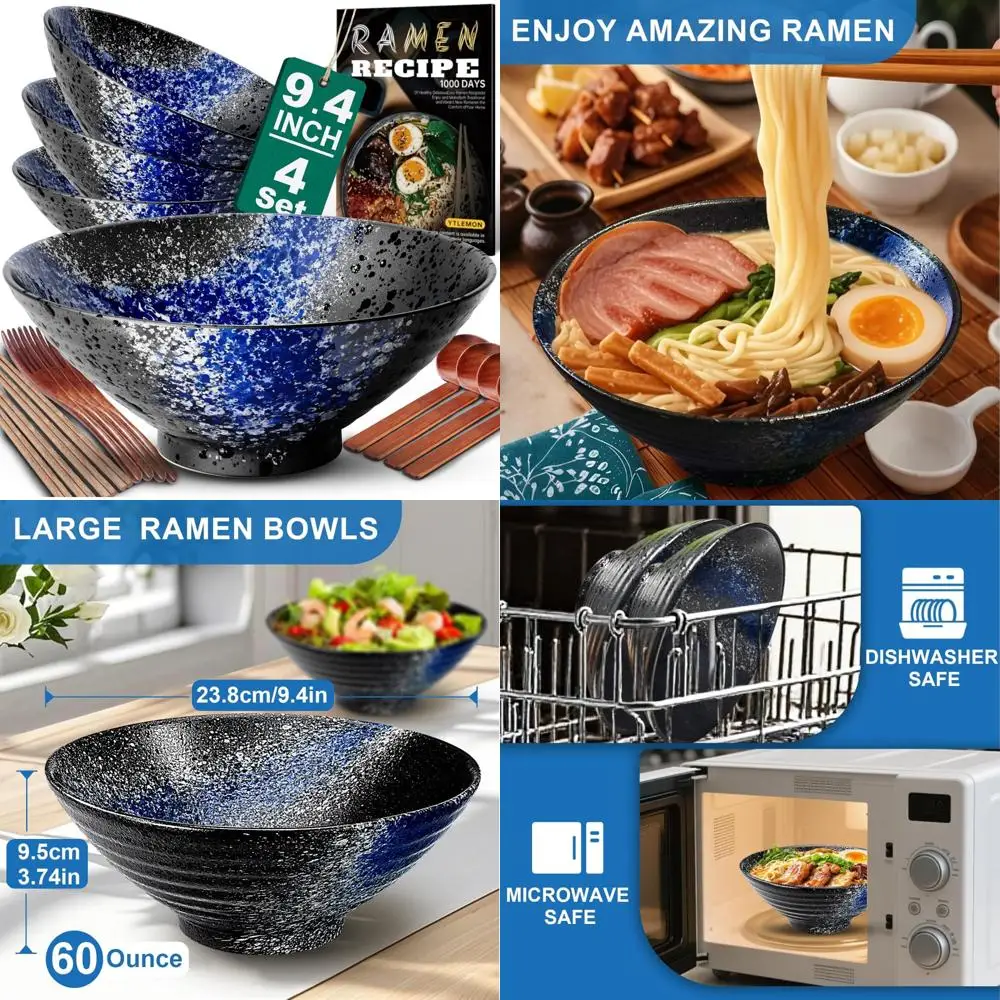

Large Porcelain Ramen Bowl Set - 4 Piece Japanese-Style Noodle, Salad, Cereal, Pasta, and Soup Bowls with Recipe