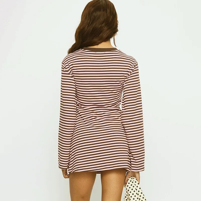 2026 New Fashion Women's Striped Long Sleeve Mini Dress Casual O Neck Slim Fit Brown Pink Dresses Spring/Autumn Long T-shirt