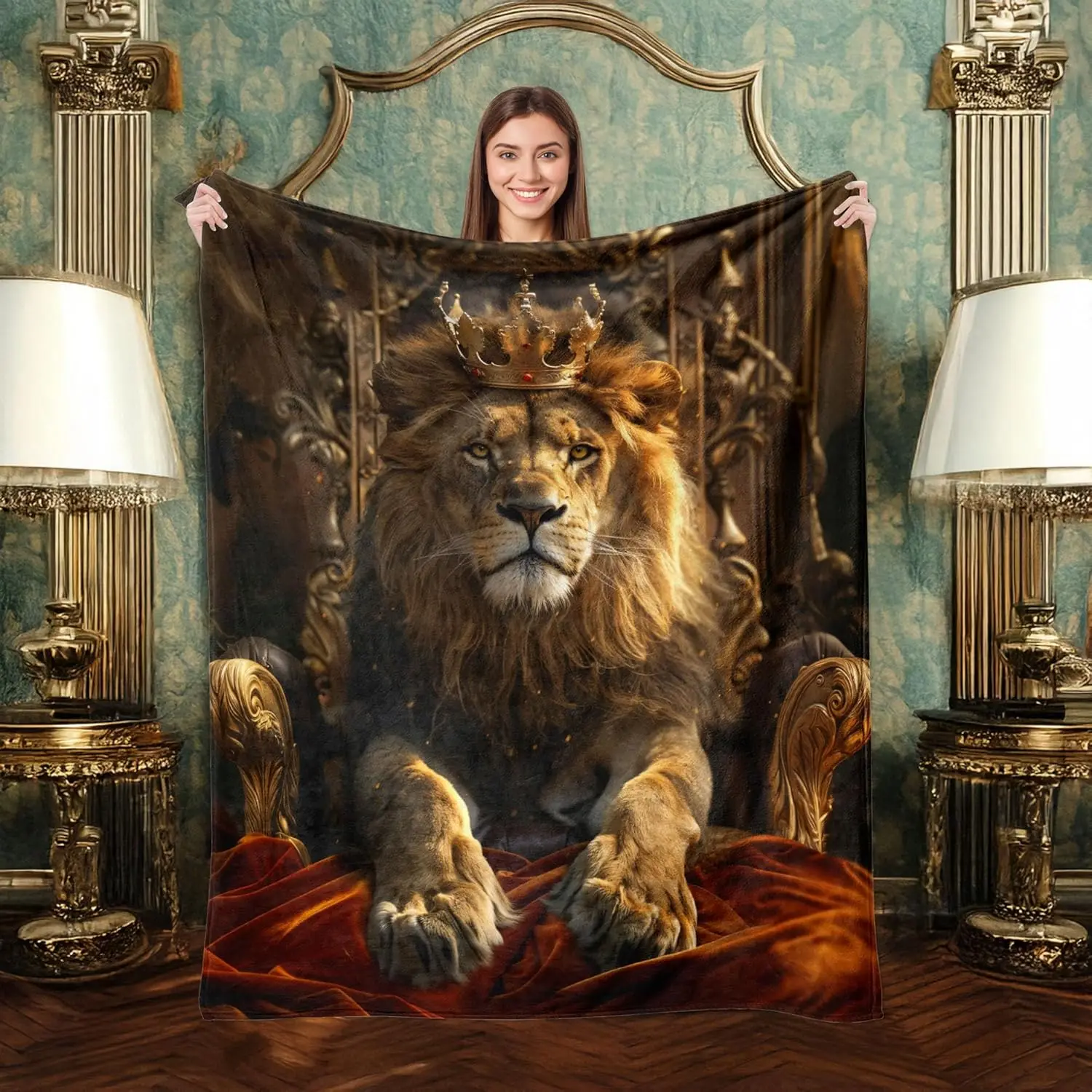 Decorative Lion Throw Blanket, Fuzzy Soft Cozy Flannel Blanket for Home Bed Sofa Couch, Regal King with Crown Realistic