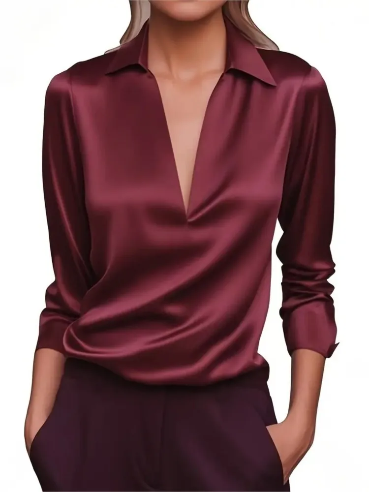 Nuevo temperamento de otoño, camisa sencilla de manga larga con cuello en V para mujer, Top elegante de Color sólido para ir al trabajo, camisa versátil elegante
