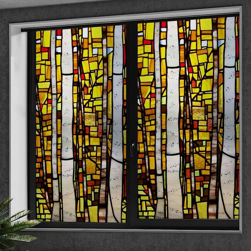 Custom size Glass Films,Stained Glass Stickers Static Cling,Frosted Privacy Print Retro Vintage Tree For Window Door Home Decor