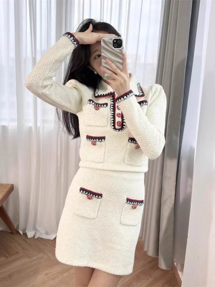 Office Ladies Elegant Jacket Skirt Tow Piece Set Fashion Slim Women Knitted Pullover Top High Waist A-Line Skirt Matching Sets