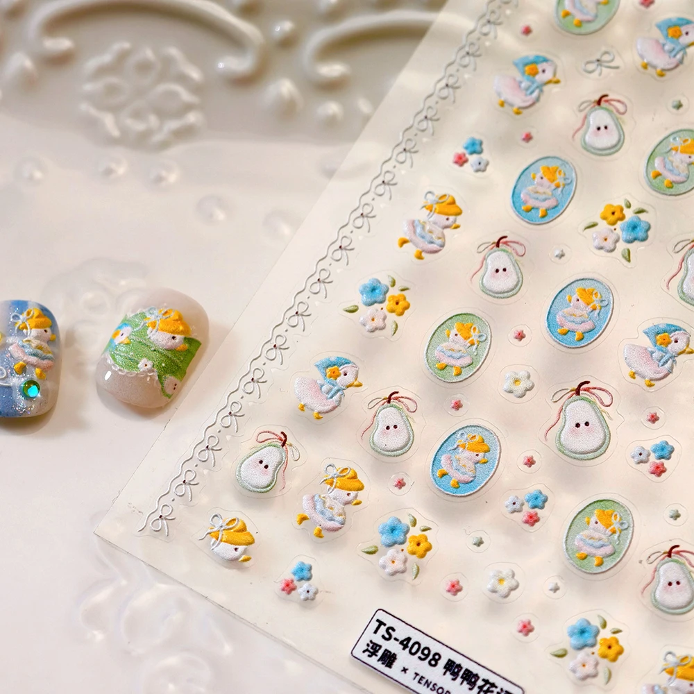 Süße 5D Ente Blütenblatt Wolke Sonnenhüte Bowknots Kawaii Cartoon Relief Nail Art Aufkleber Selbstklebende Dekoration Maniküre Aufkleber