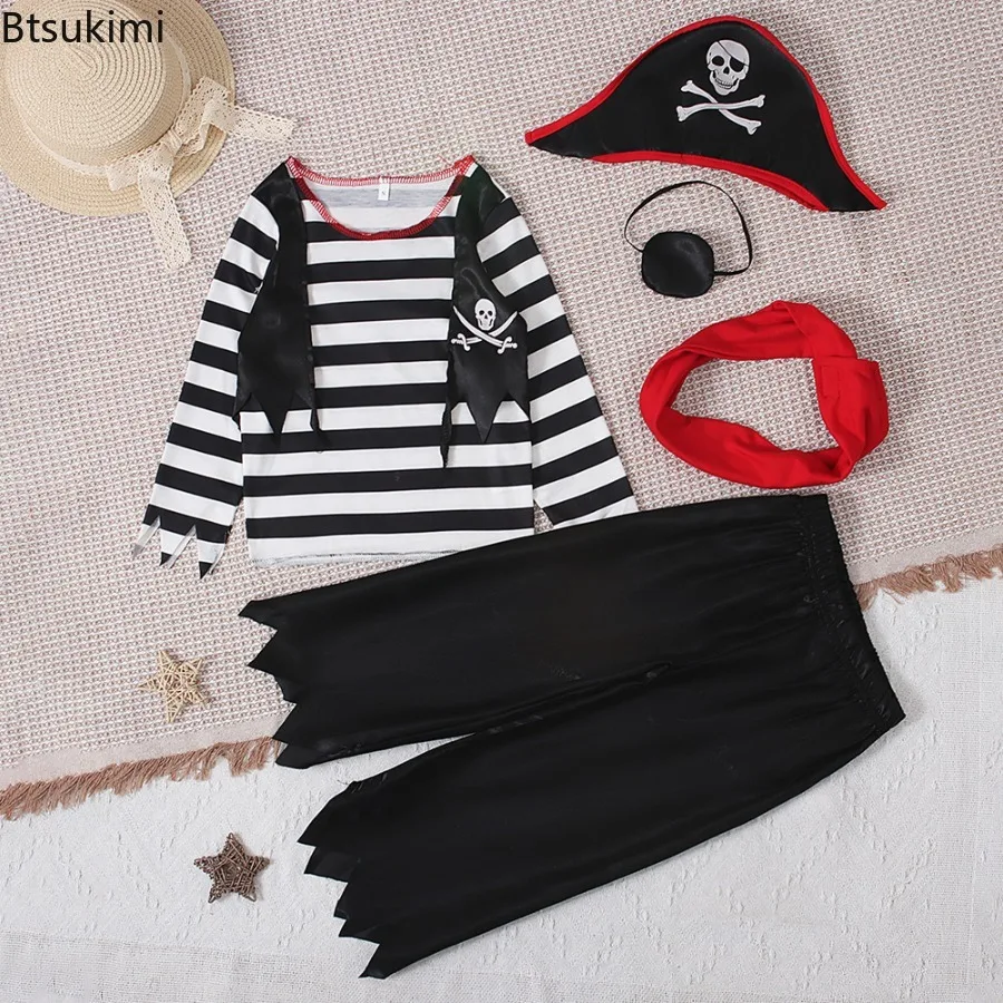 

Baby Kids Carnival Easter Pirate Role Playing Clothing Toddler Boys Cosplay Costume Stripe Children Sport Top+pants 4-piece Set