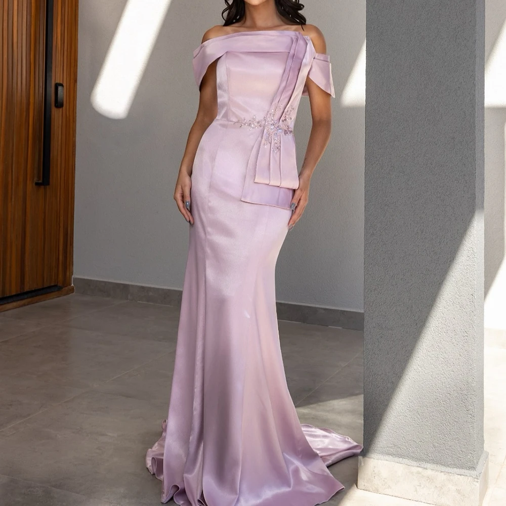 

Customized Mermaid Evening Dresses Floor-length Off The Shoulder Sleeveless Prom Gown Fashion Pleat Sequined Draped Party Gown