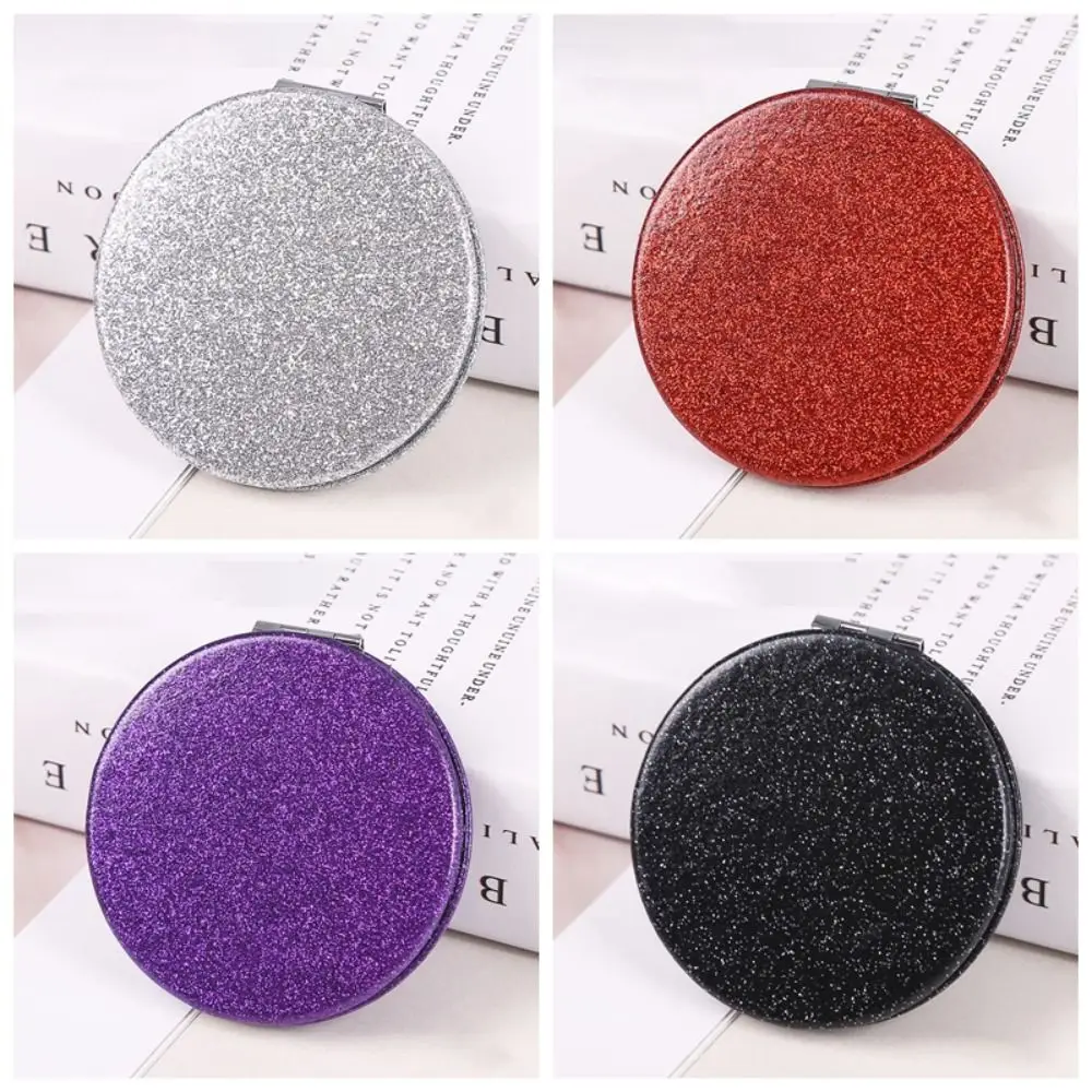 Portable Glitter Round Makeup Mirror Shiny Folding Handheld Mirror Compact Double-sided Vanity Mirror Travel