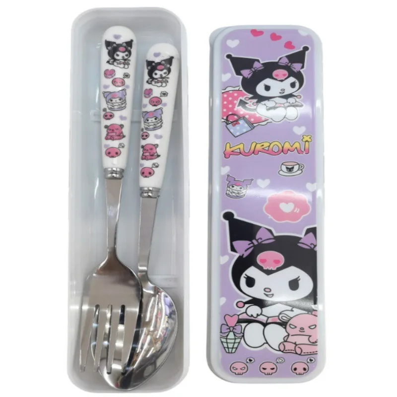 Juego de cubiertos de Hello Kitty, caja de cubiertos de Material de acero inoxidable con dibujos animados, suministros de cocina de viaje, decoración de escritorio, venta al por mayor