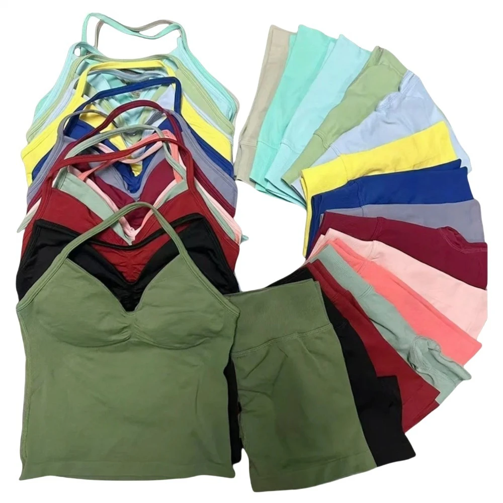 

2 Piece Women Yoga Set Strappy Vest&Shorts High Quality Seamless Against Resistance Yoga Cycling Scrunch Butt Gym Shorts Set