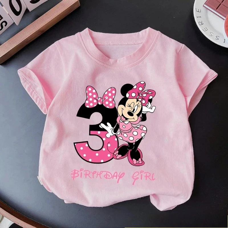 Minnie Mouse Girl Number T Shirt Pink Birthday Party Clothes Cartoon Toddler Cotton Tops Cute Short Sleeve Tees Kids Gift