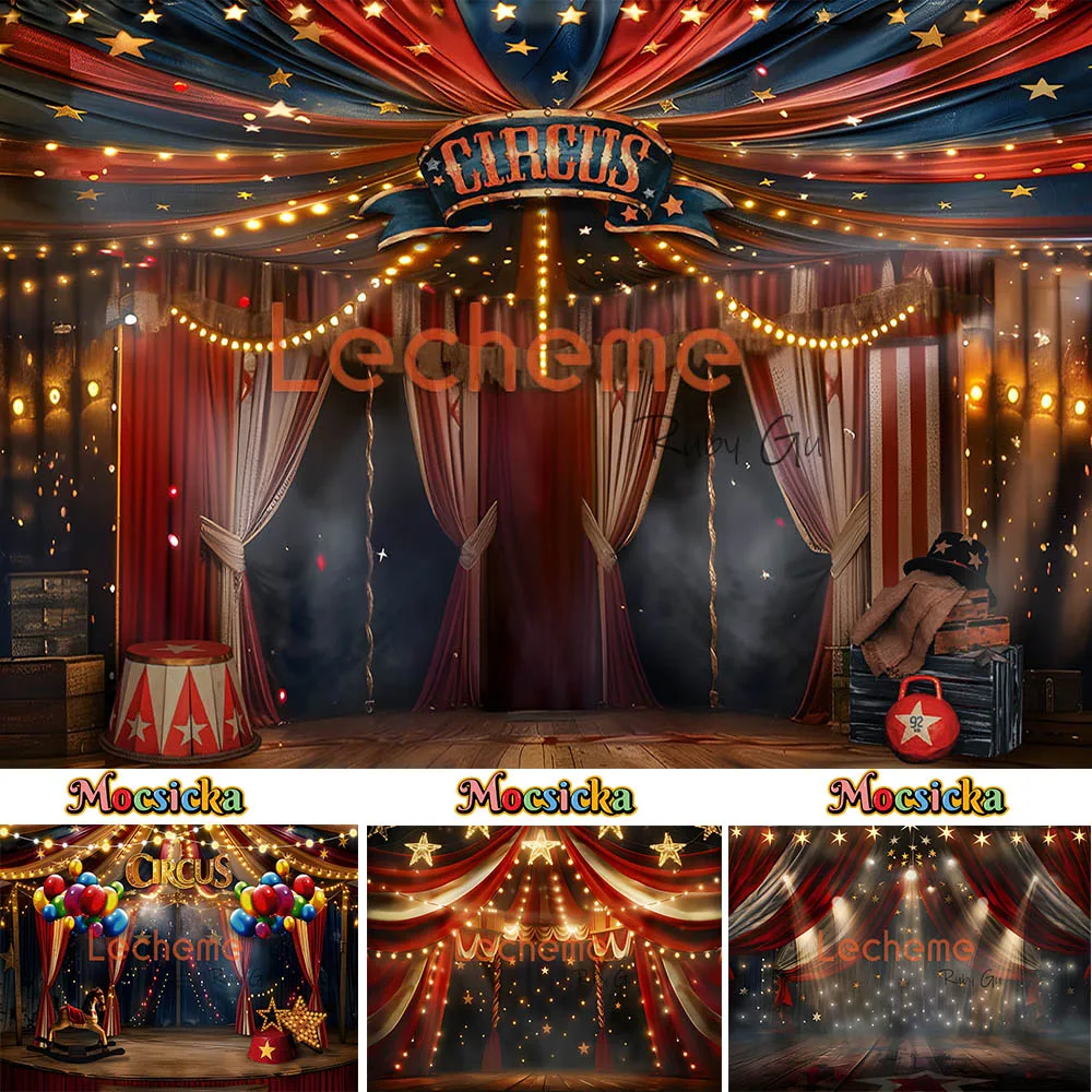 Mocsicka Zirkus-Themen-Fest-Fotografie-Hintergrund, glitzernde Lichter, roter Zelt-Hintergrund, Kindergeburtstag, Party, Kuchen zerschlagen, Fotostudio