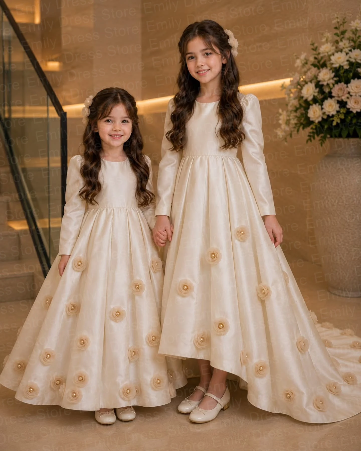 Customized Cream Flower Girl Dress For Wedding Satin 3D Applique Floor Length Elegant Puffy Kids Birthday First Communion Gown