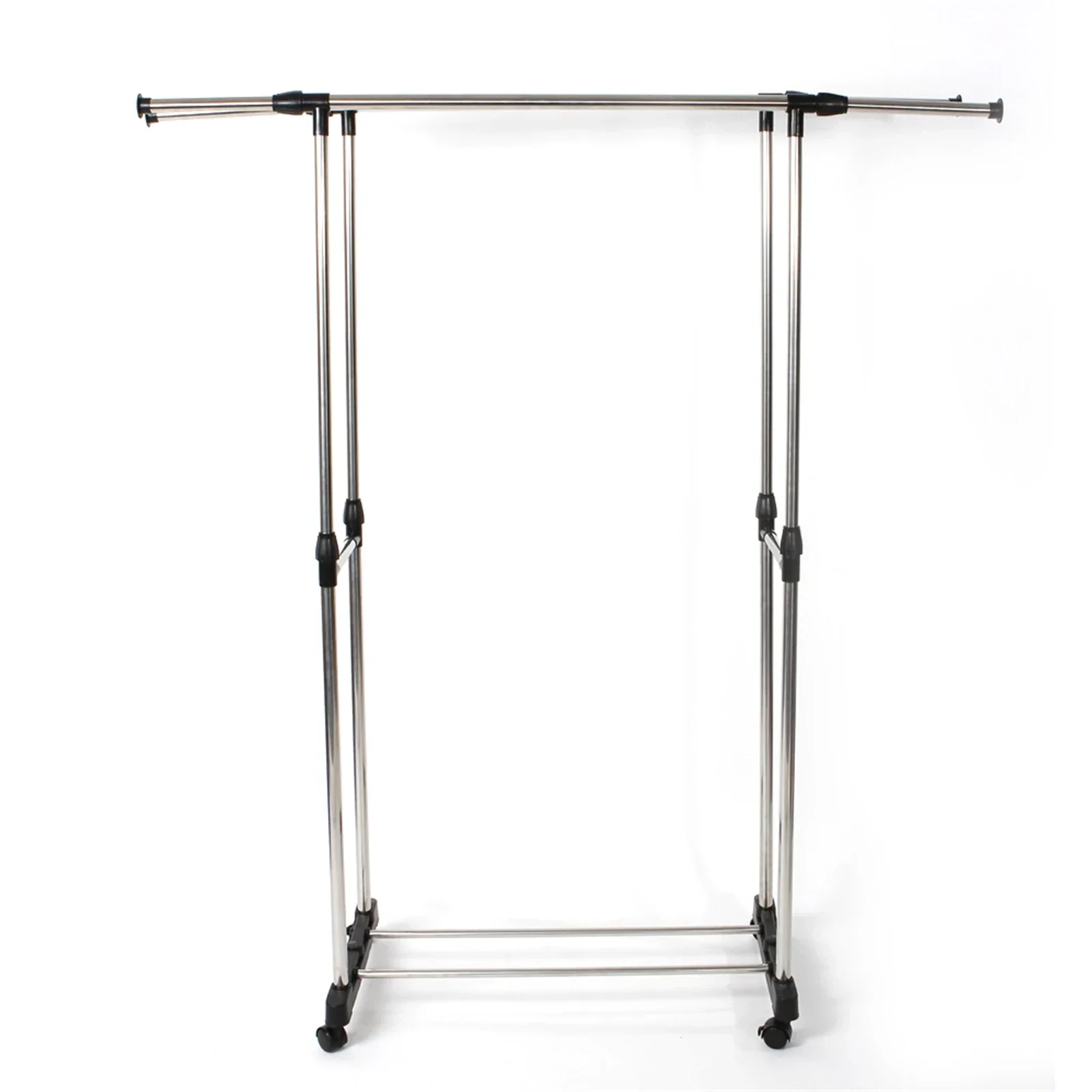 Dual-bar Vertically & Horizontally-stretching Stand Clothes Rack with Shoe Shelf Silver